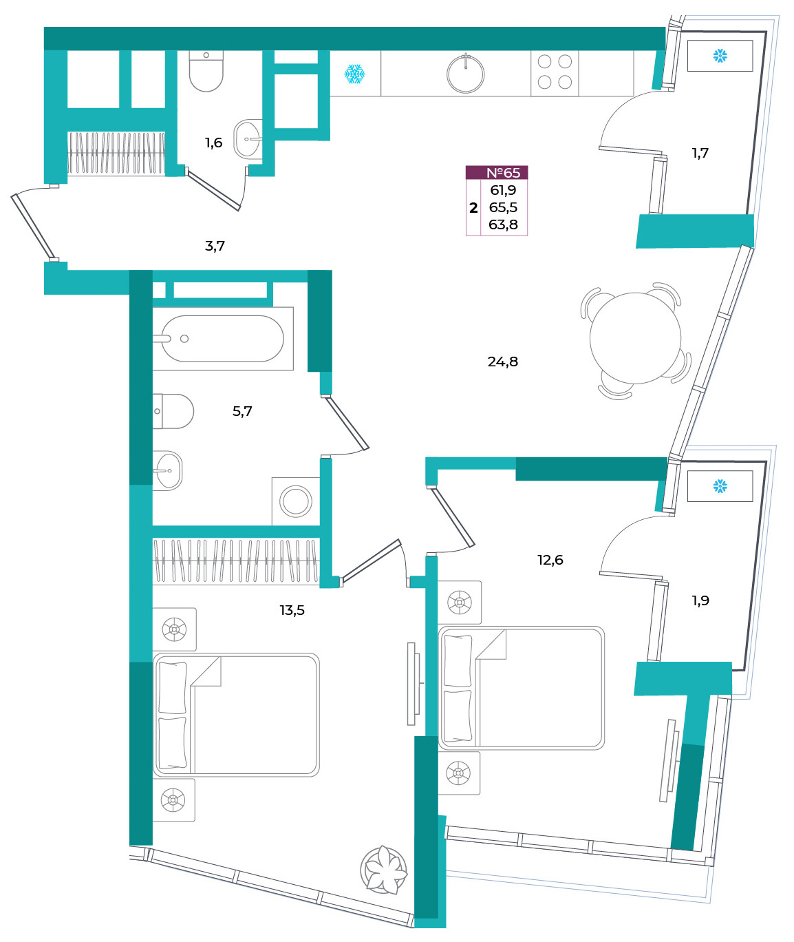 Планировка: 2-комнатная · 63,8 м²