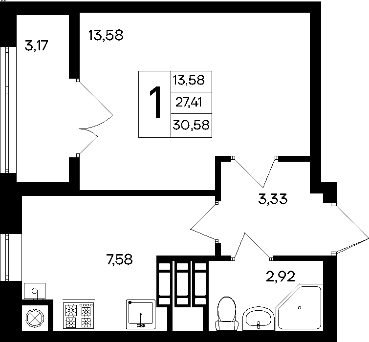 Планировка: 1-комнатная · 30,58 м²