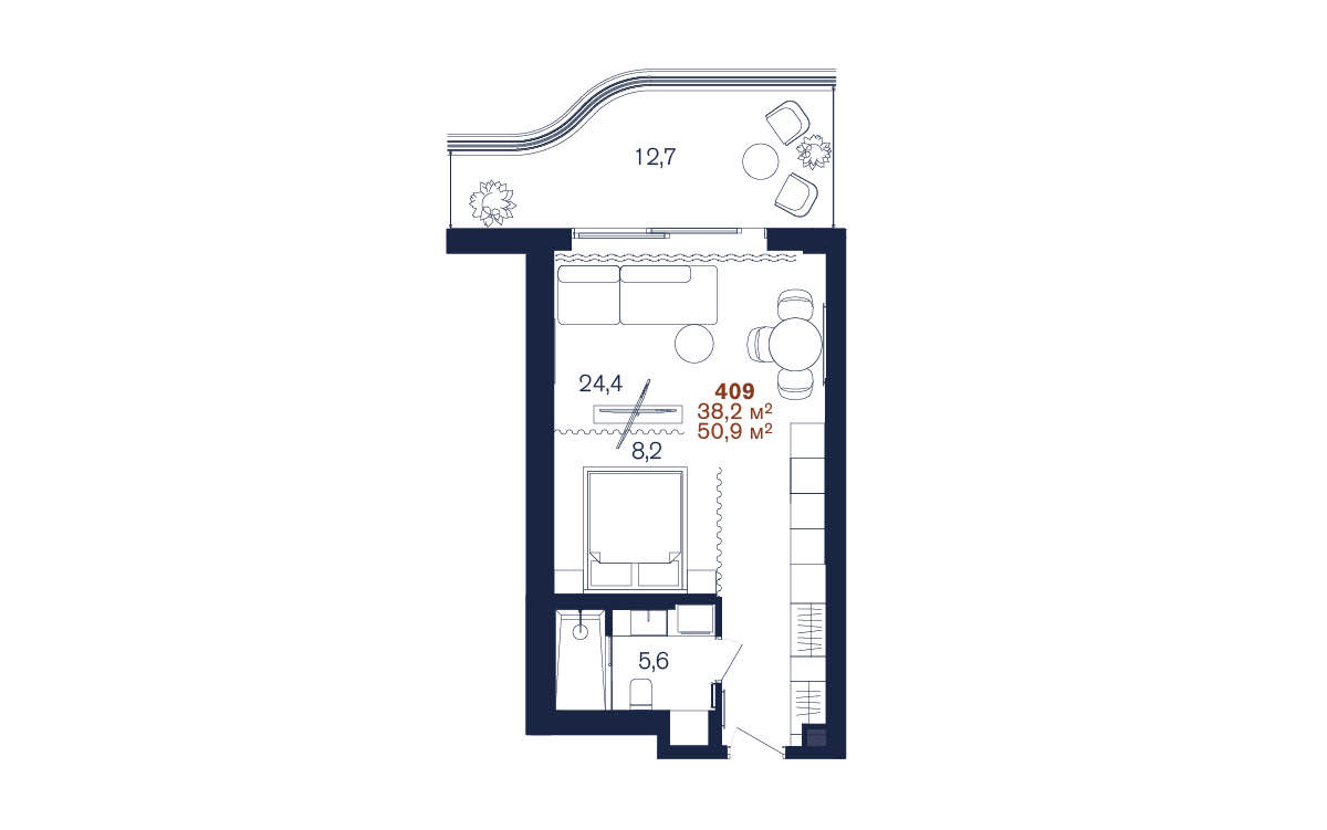 Планировка: Студия · 50,9 м²
