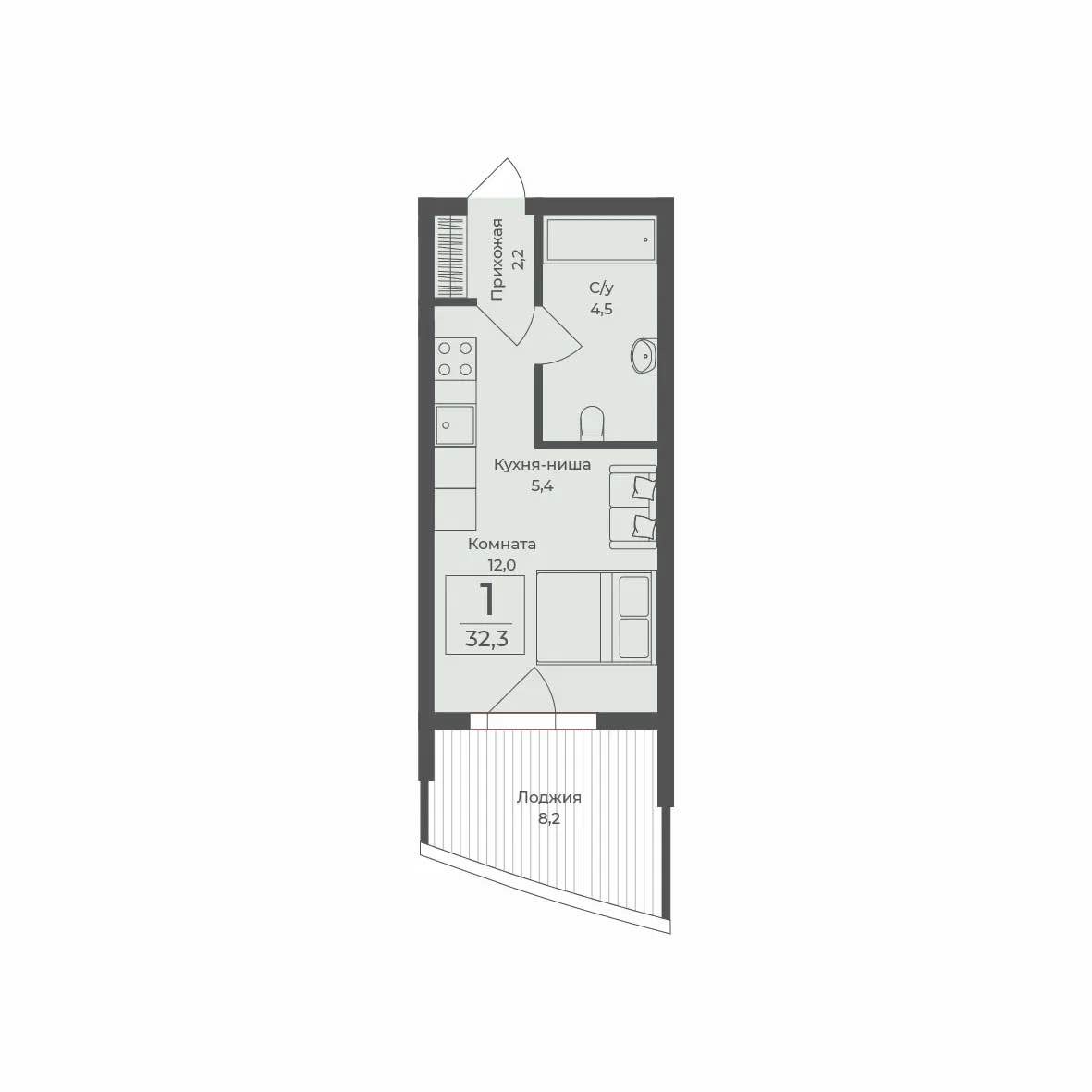 Планировка: 1-комнатная · 32,3 м²