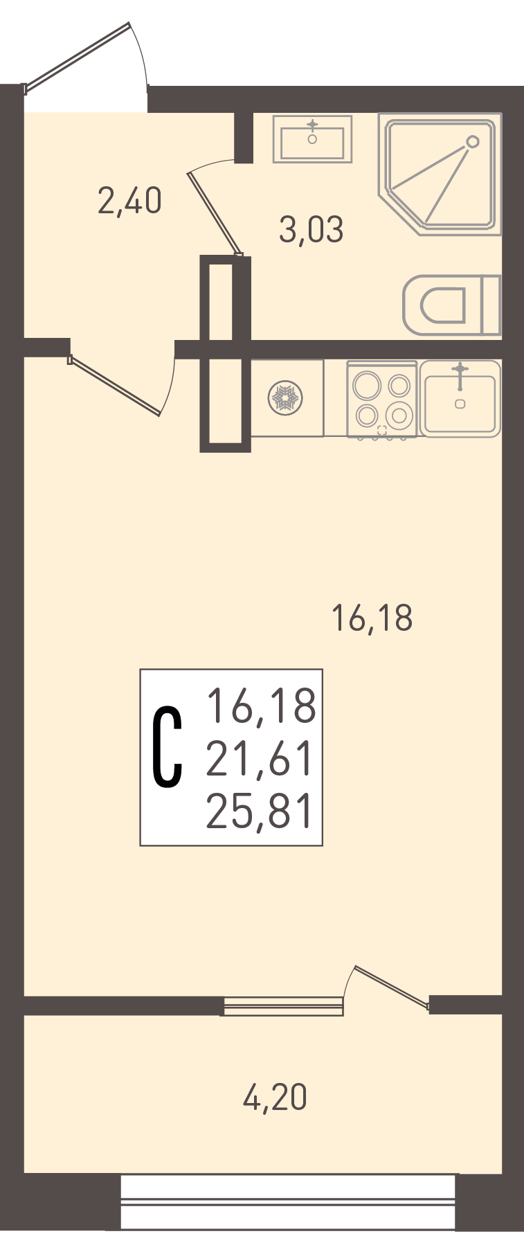 Планировка: Студия · 25,81 м²