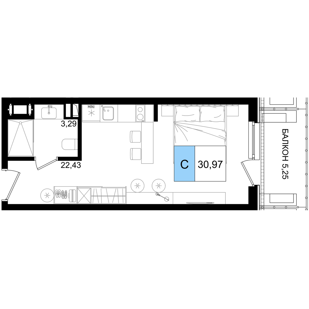 Планировка: Студия · 30,95 м²