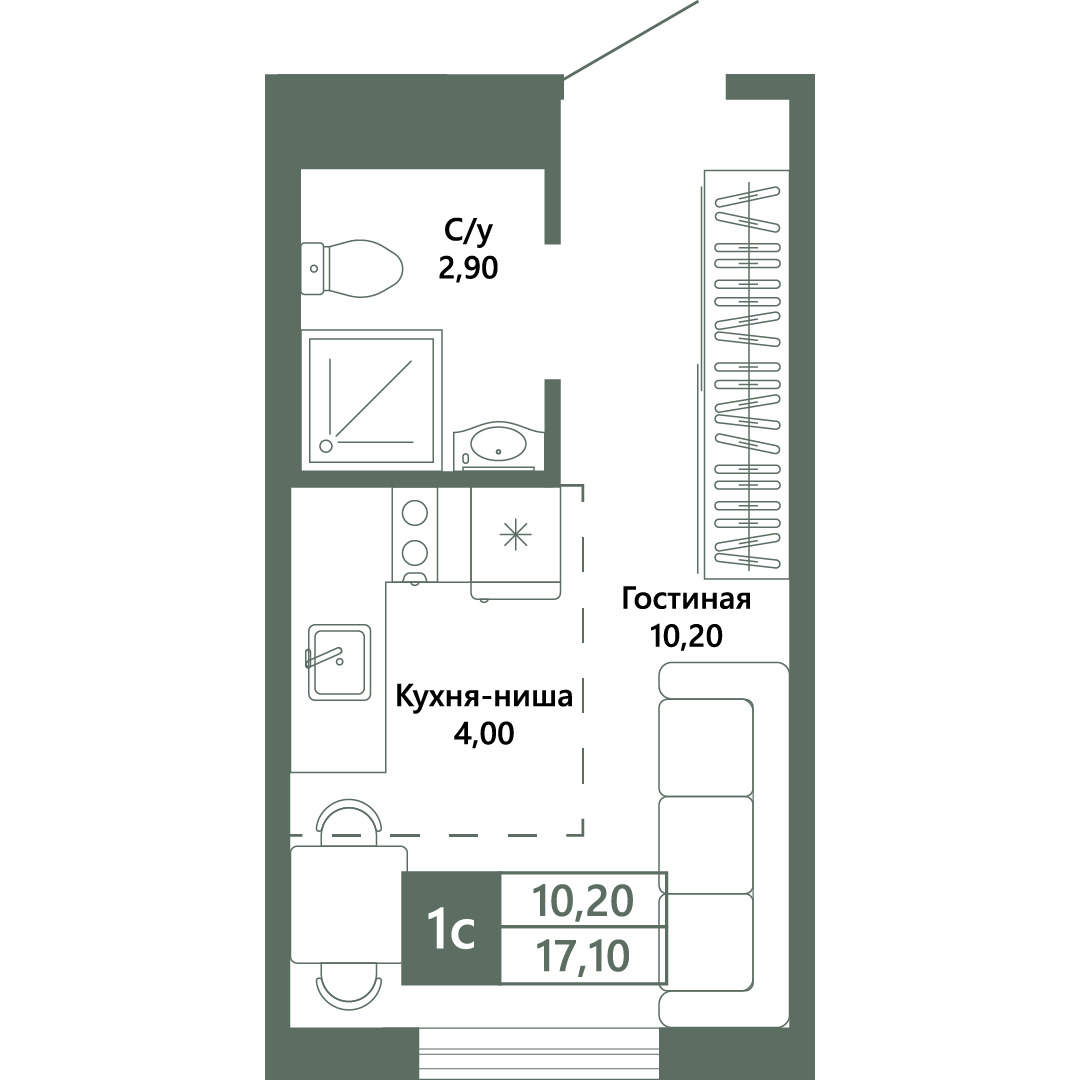 Планировка: 1-комнатная · 17,1 м²