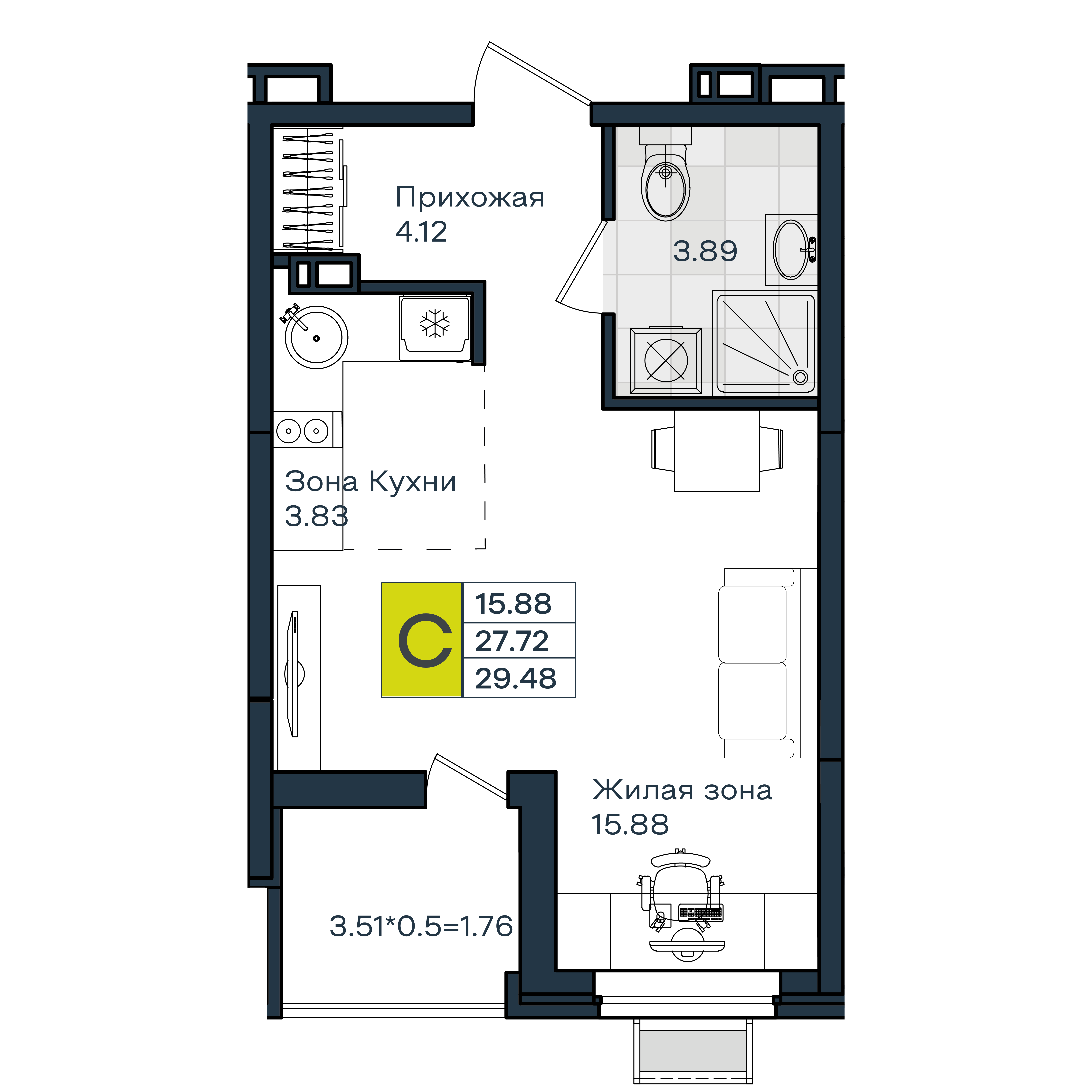 Планировка: Студия · 29,48 м²