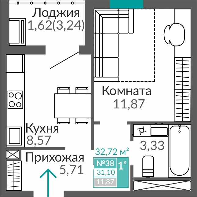 Планировка: 1-комнатная · 31,1 м²