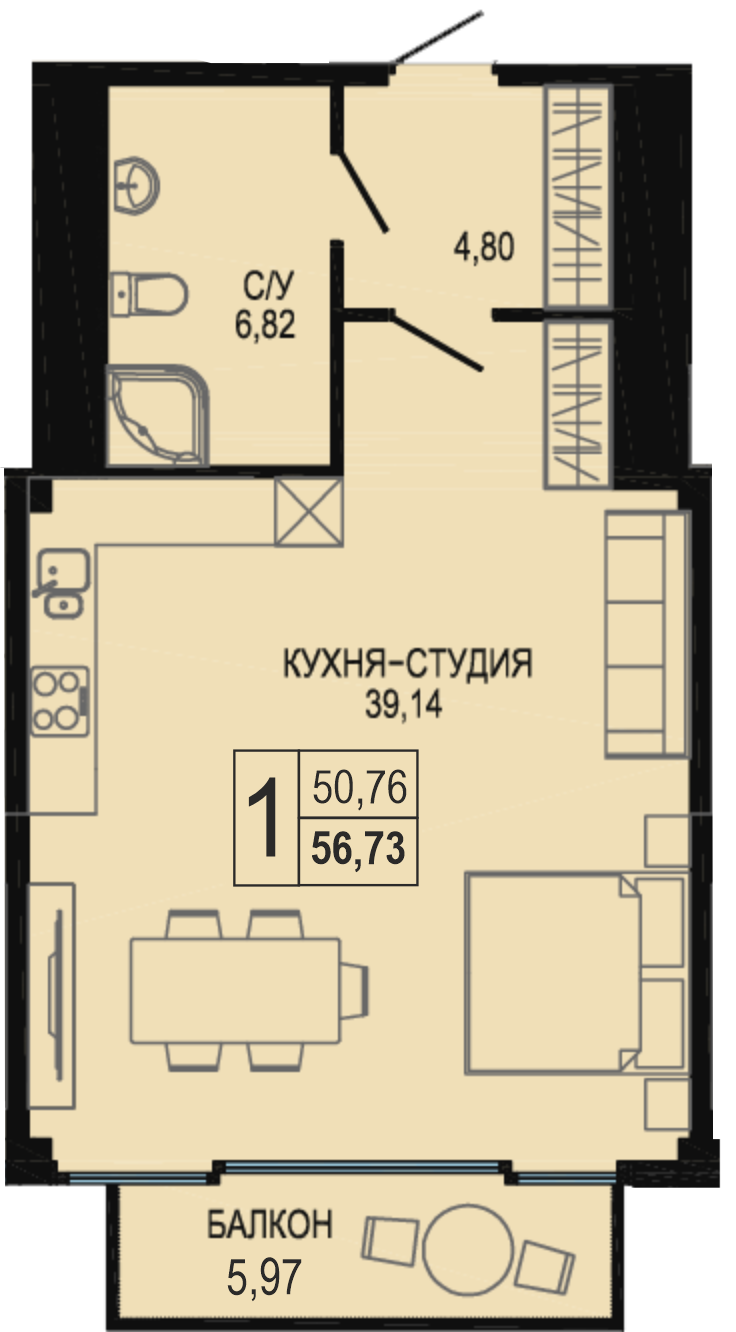 Планировка: Апартаменты · 57 м²