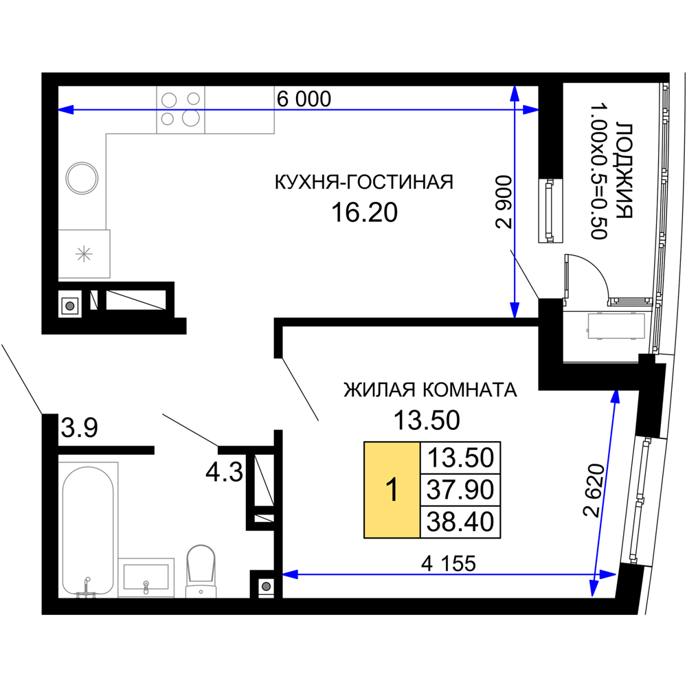 Планировка: 1-комнатная · 38,4 м²