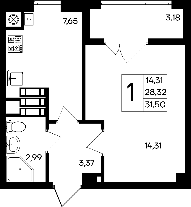 Планировка: 1-комнатная · 31,5 м²