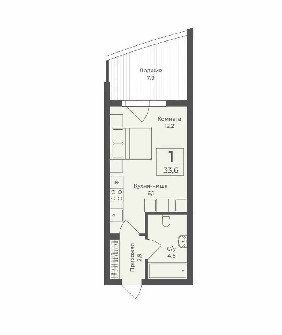 Планировка: 1-комнатная · 33,6 м²