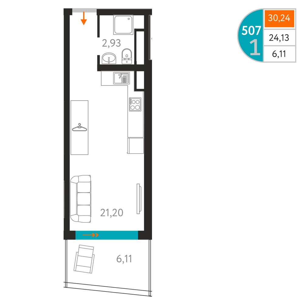 Планировка: Апартаменты · 30,24 м²