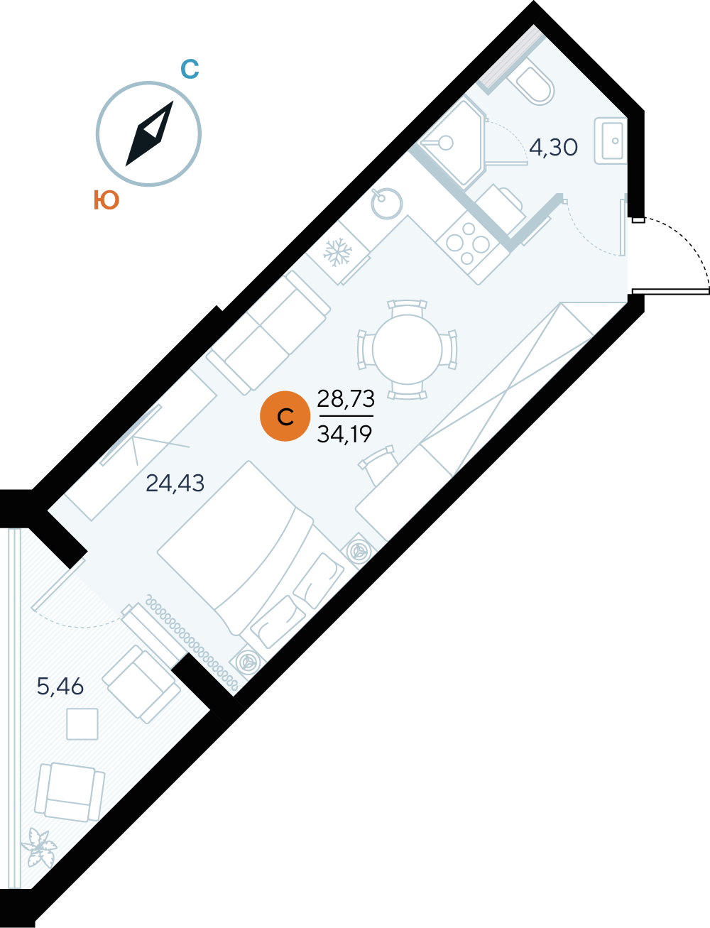 Планировка: Студия · 34,19 м²