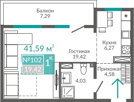 Планировка: 1-комнатная · 41,59 м²