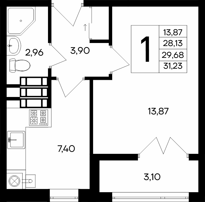 Планировка: 1-комнатная · 31,23 м²