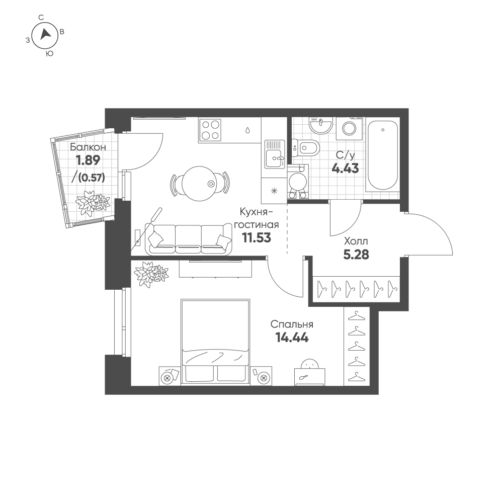 Планировка: 1-комнатная · 36,25 м²