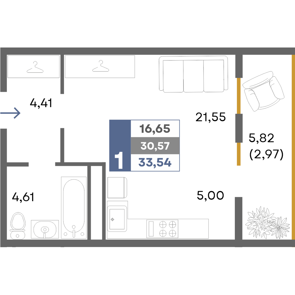 Планировка: Студия · 33,6 м²