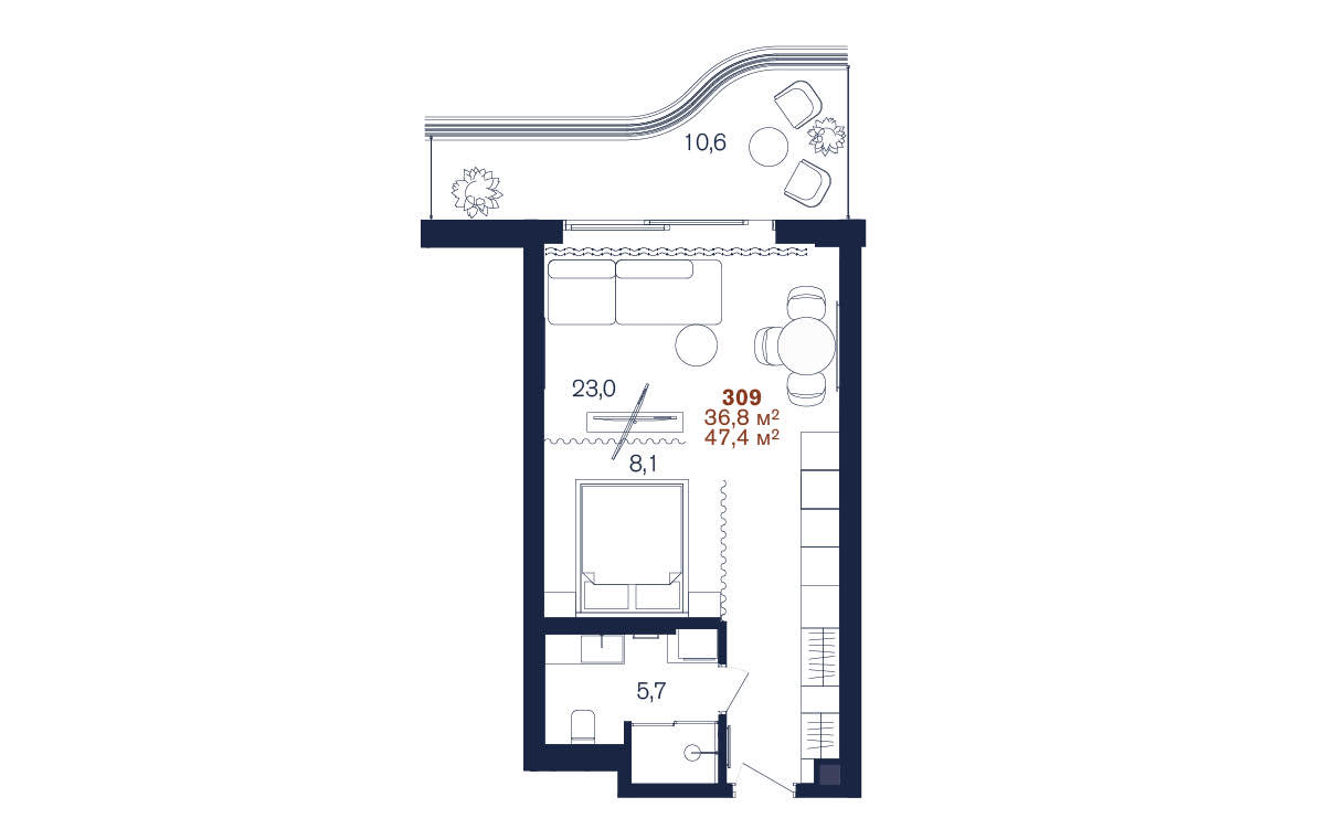 Планировка: Студия · 47,4 м²