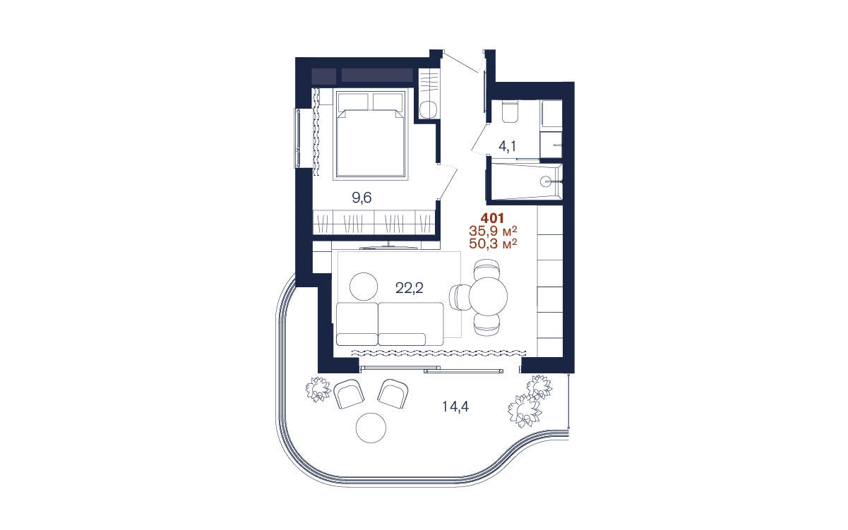 Планировка: 1-комнатная · 50,3 м²