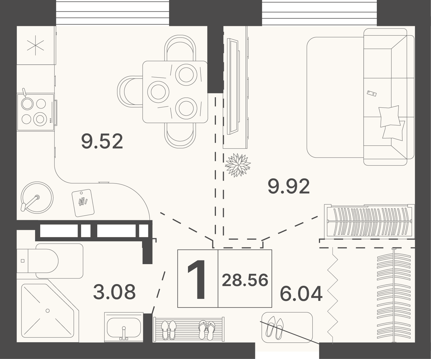 Планировка: 1-комнатная · 28,56 м²