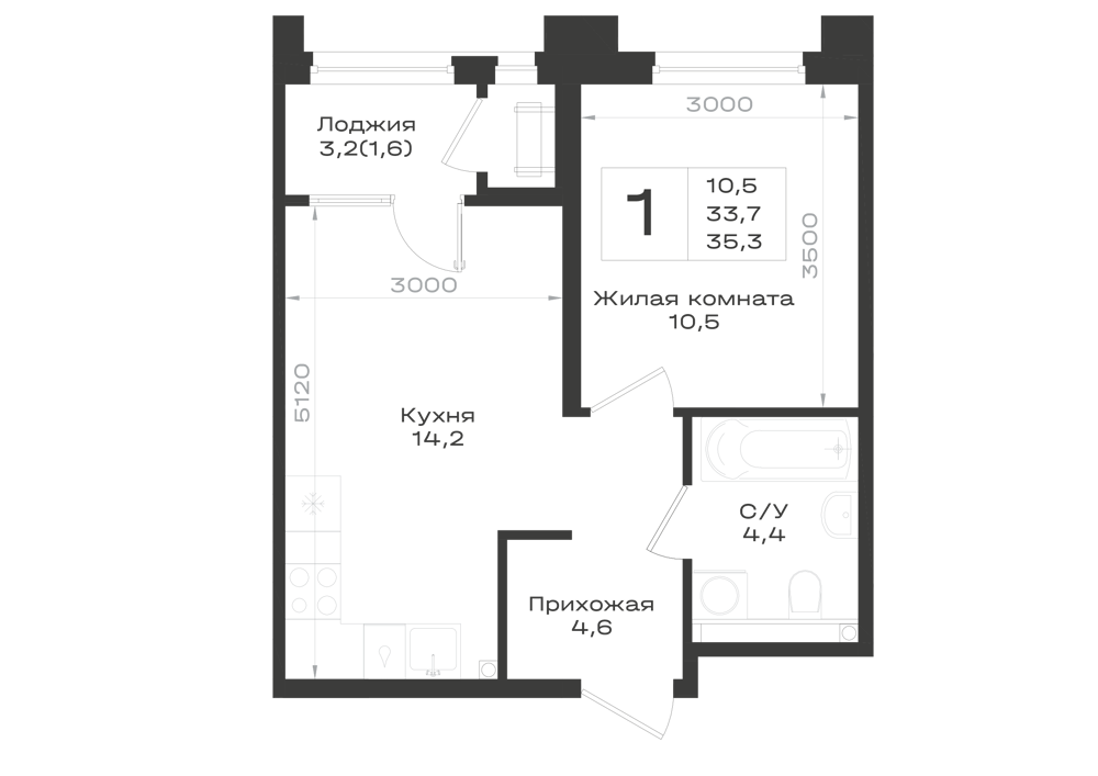 Планировка: 1-комнатная · 35,3 м²