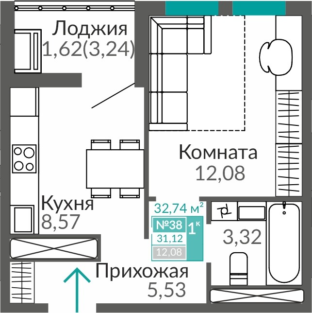 Планировка: 1-комнатная · 31,12 м²