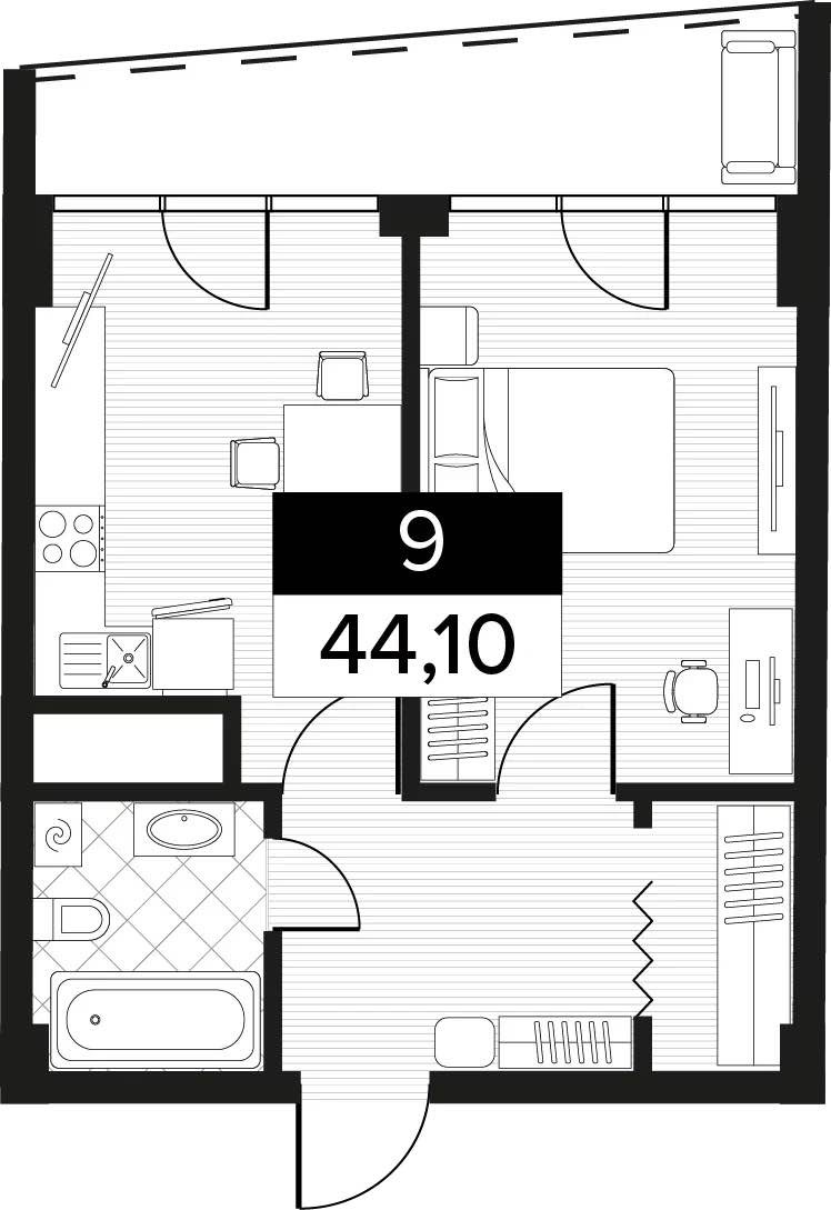 Планировка: 1-комнатная · 44,1 м²