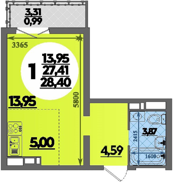Планировка: Студия · 28,4 м²