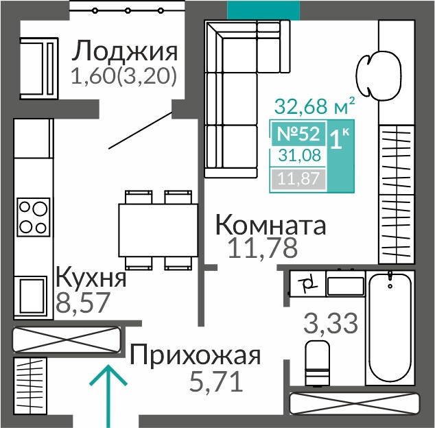 Планировка: 1-комнатная · 31,08 м²