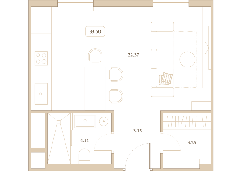 Планировка: Студия · 33,6 м²