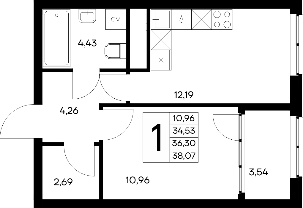 Планировка: 1-комнатная · 38,07 м²