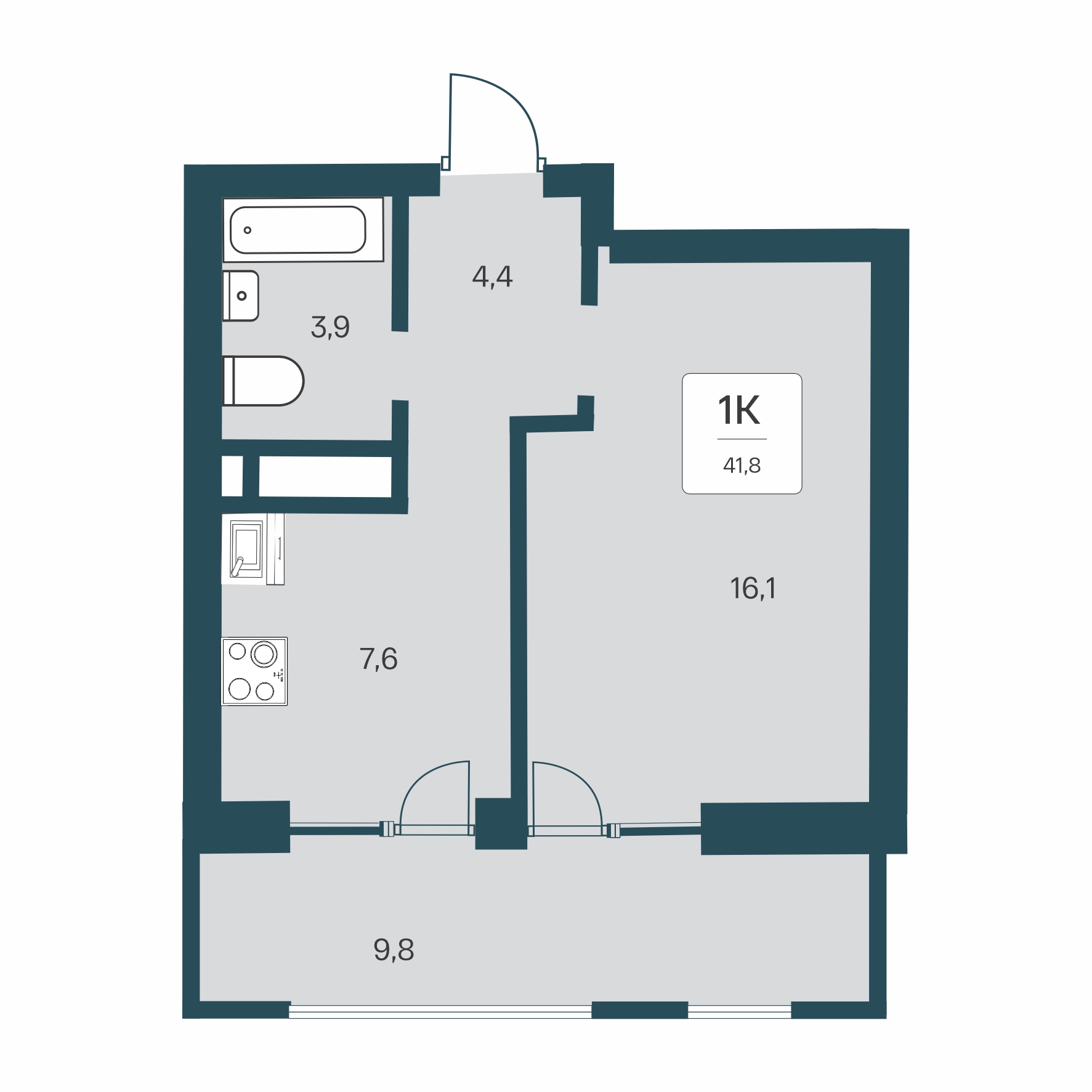 Планировка: 1-комнатная · 41,8 м²