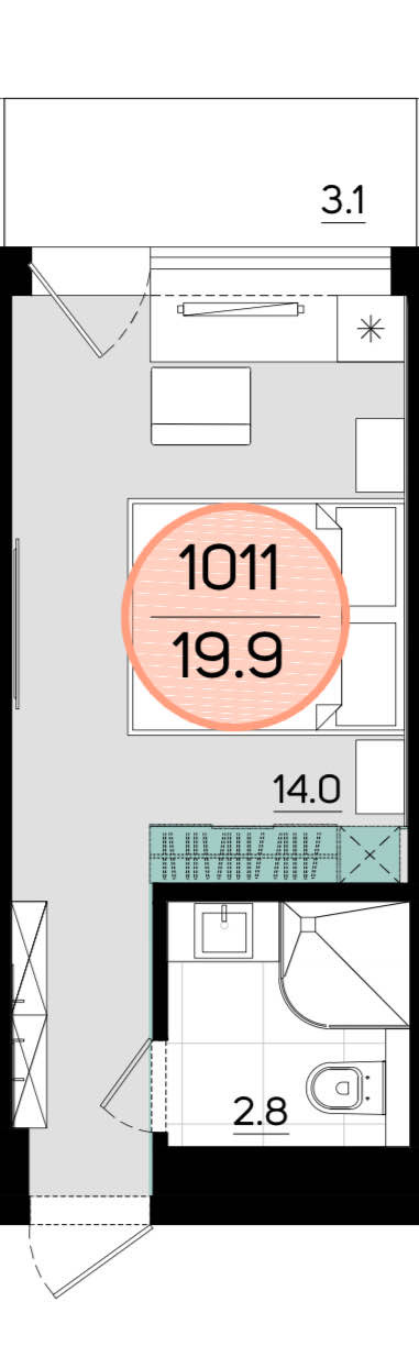 Планировка: 1-комнатная · 19,9 м²