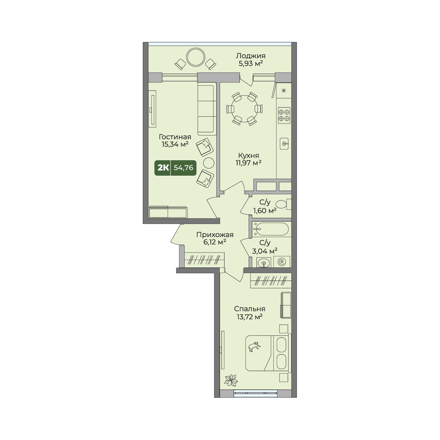 Планировка: 2-комнатная · 54,76 м²