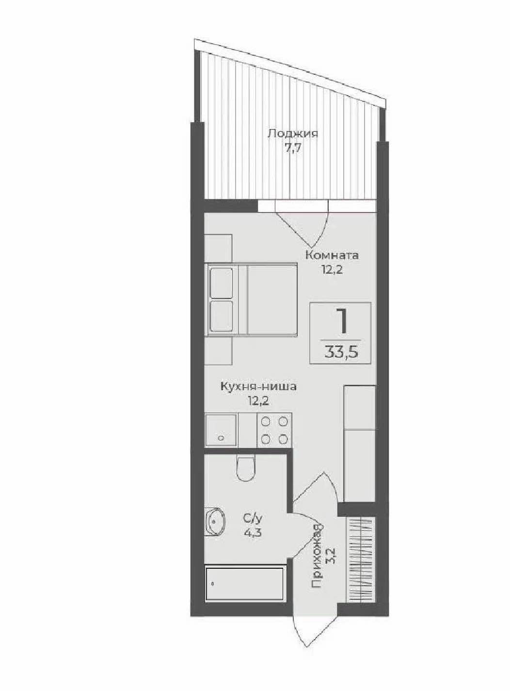 Планировка: 1-комнатная · 33,5 м²
