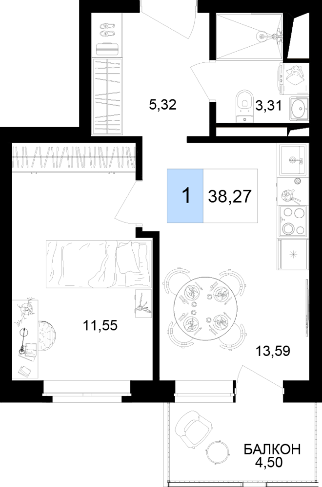Планировка: 2-комнатная · 38,27 м²
