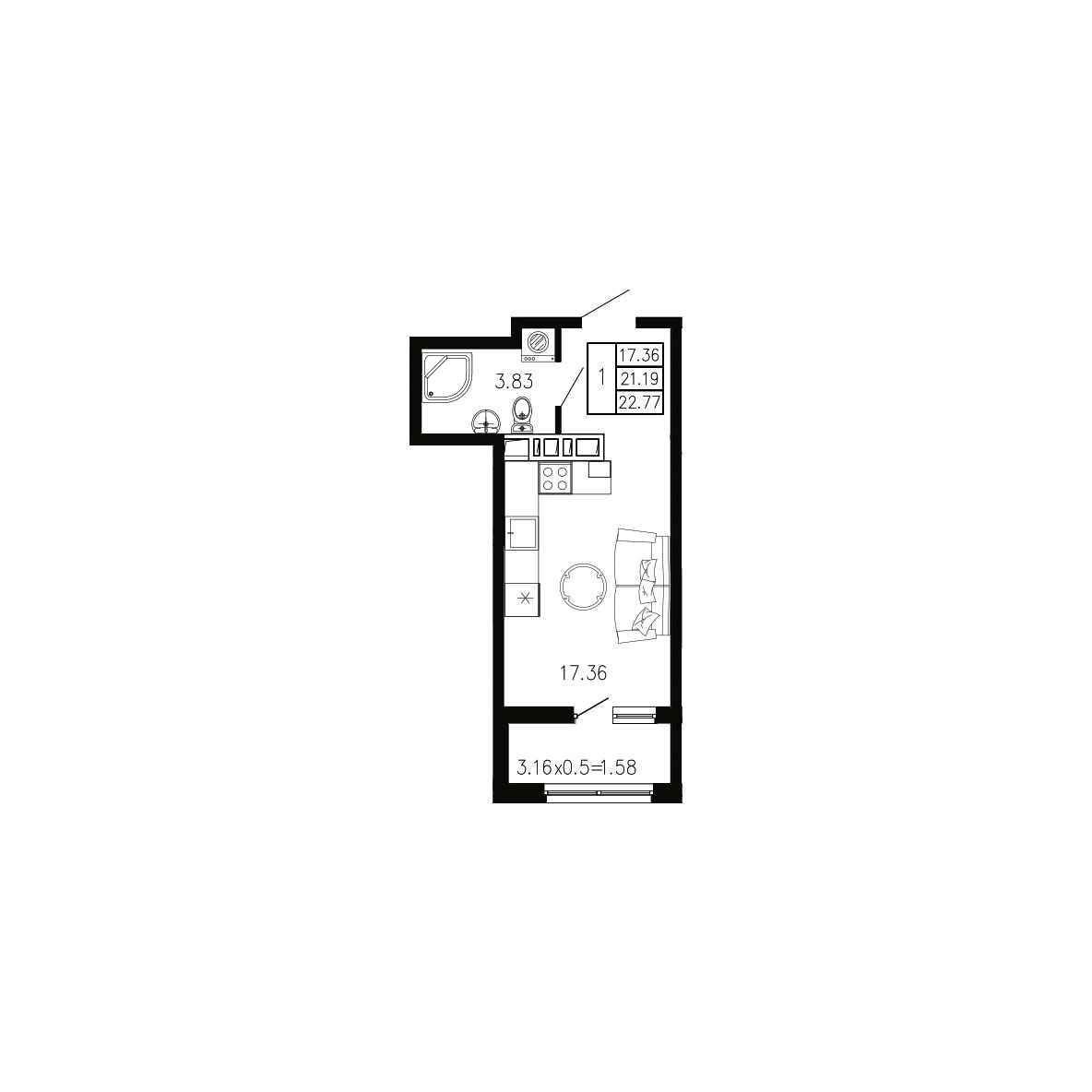 Планировка: Студия · 22,77 м²