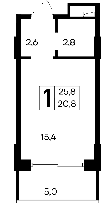 Планировка: 1-комнатная · 25,8 м²