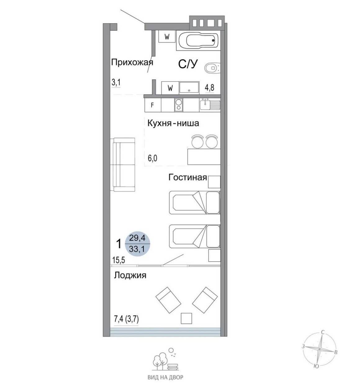Планировка: Студия · 33,1 м²