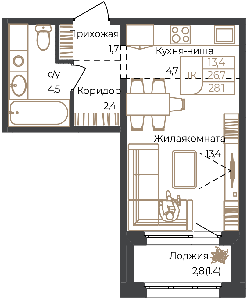 Планировка: 1-комнатная · 28,1 м²