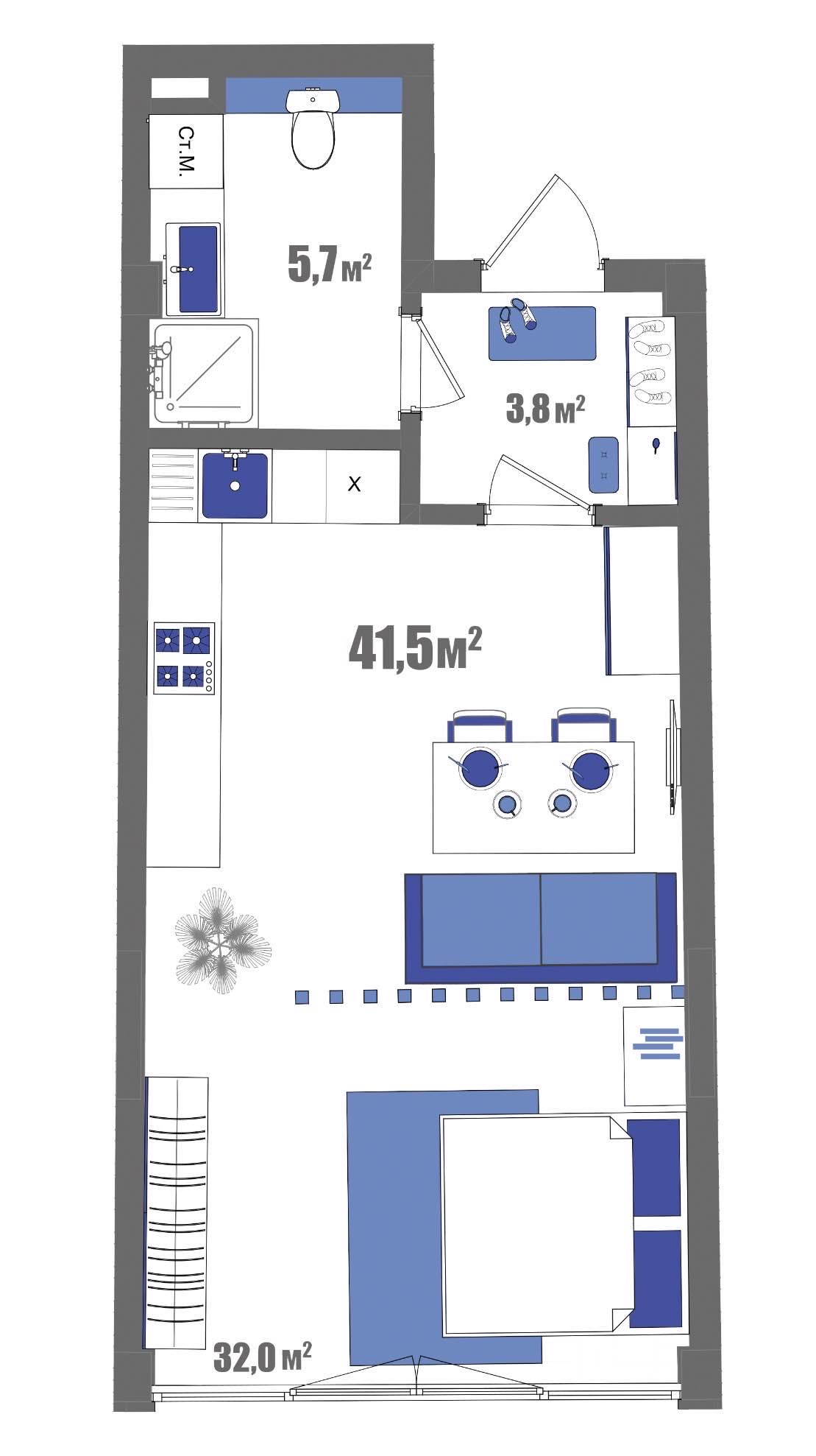 Планировка: Студия · 41,5 м²