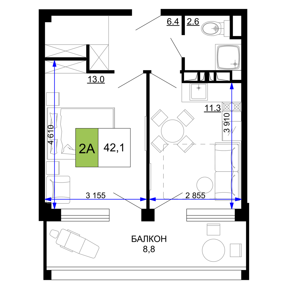 Планировка: 2-комнатная · 42,1 м²