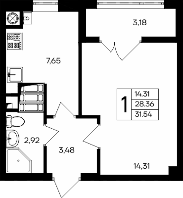 Планировка: 1-комнатная · 31,54 м²