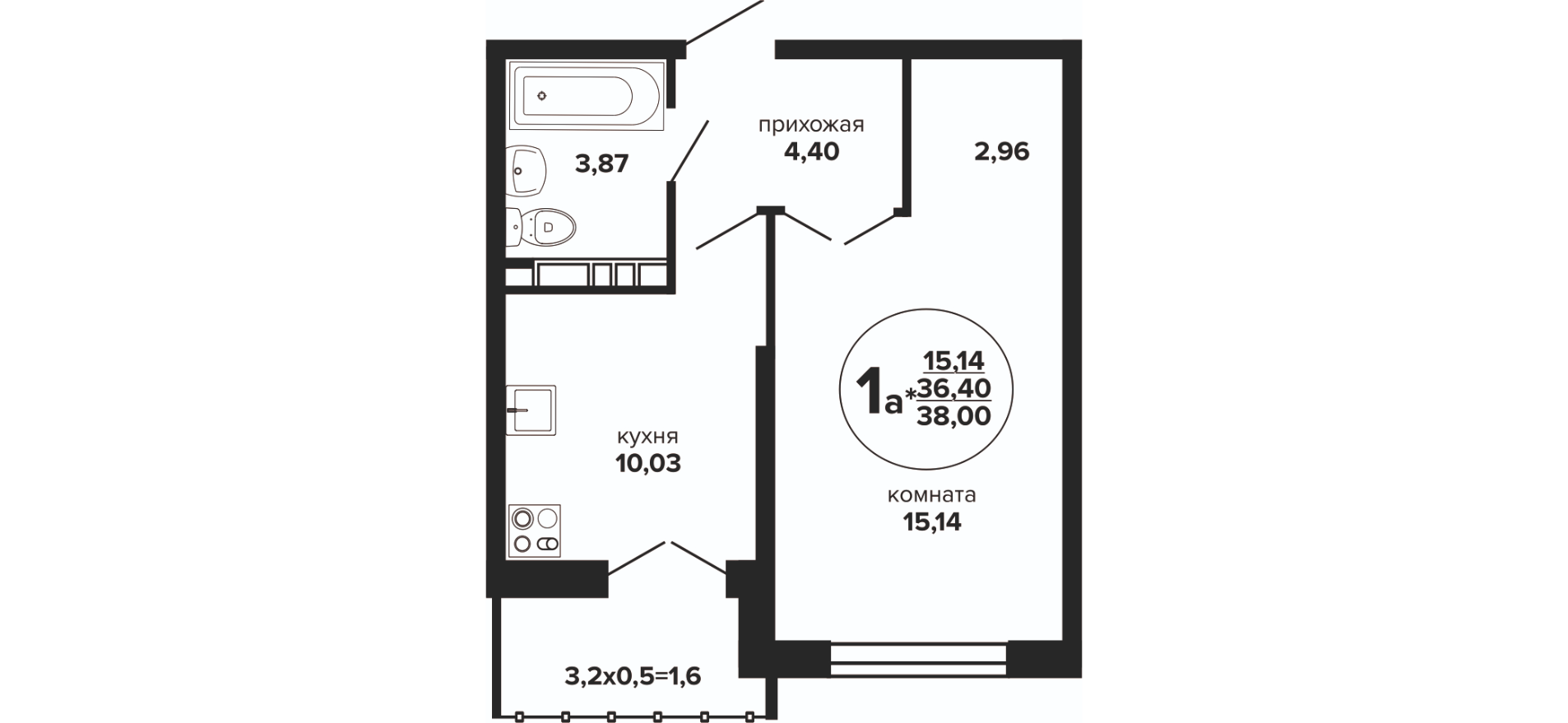 Планировка: 1-комнатная · 38,6 м²
