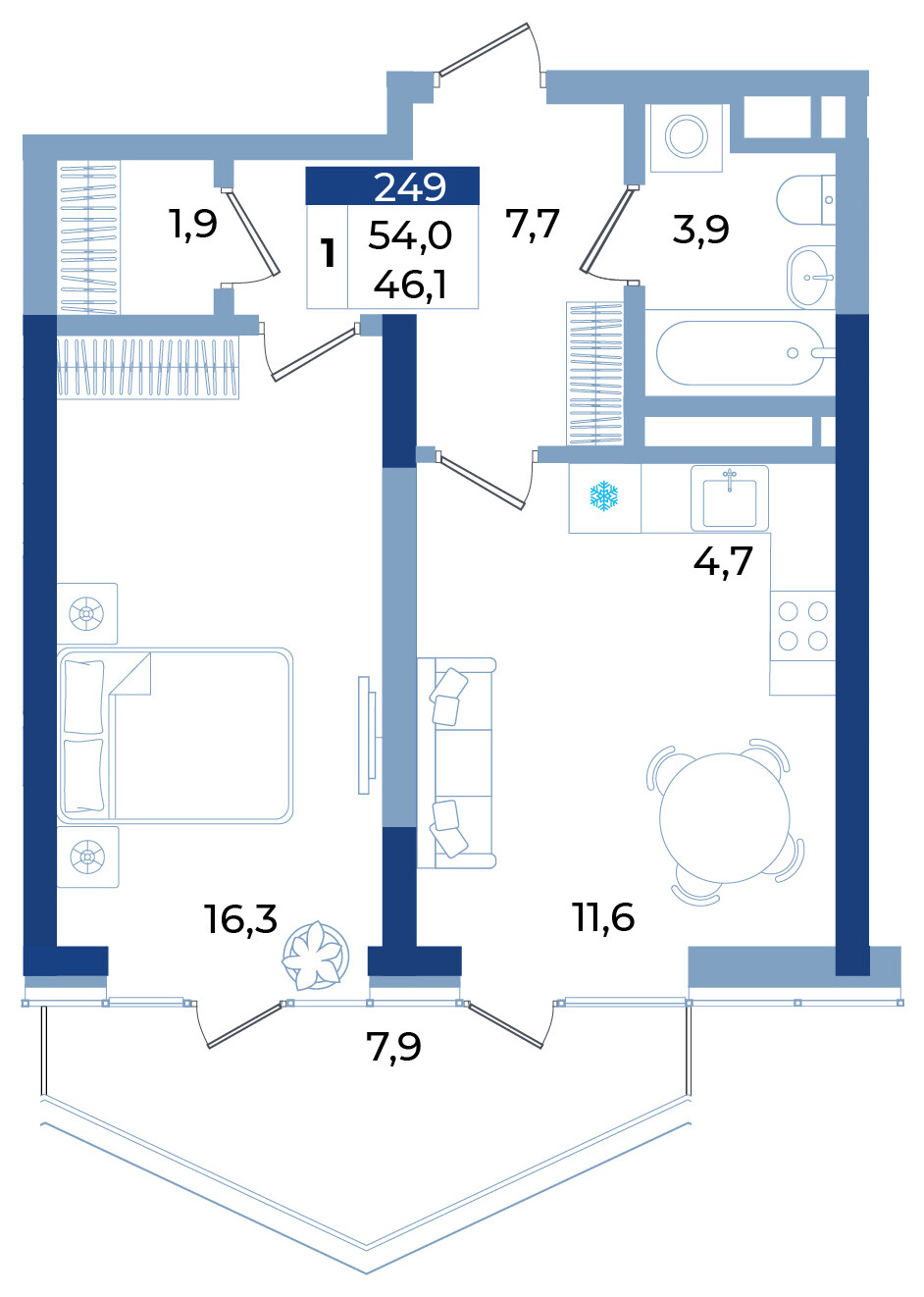 Планировка: 1-комнатная · 54 м²