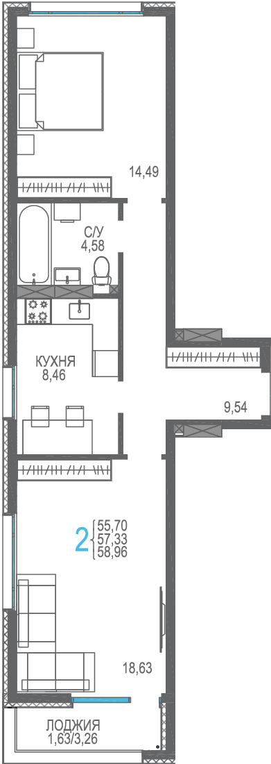 Планировка: 2-комнатная · 58,96 м²