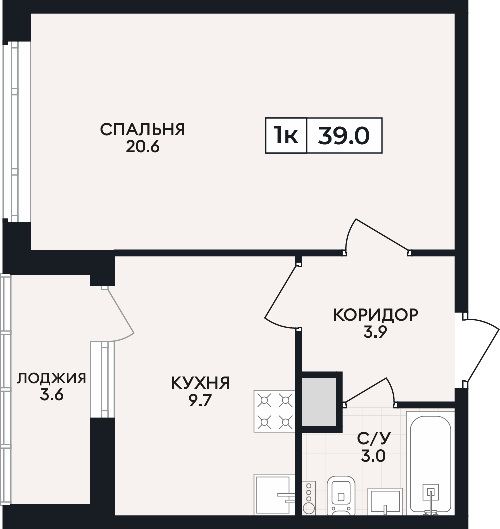 Планировка: 1-комнатная · 39 м²