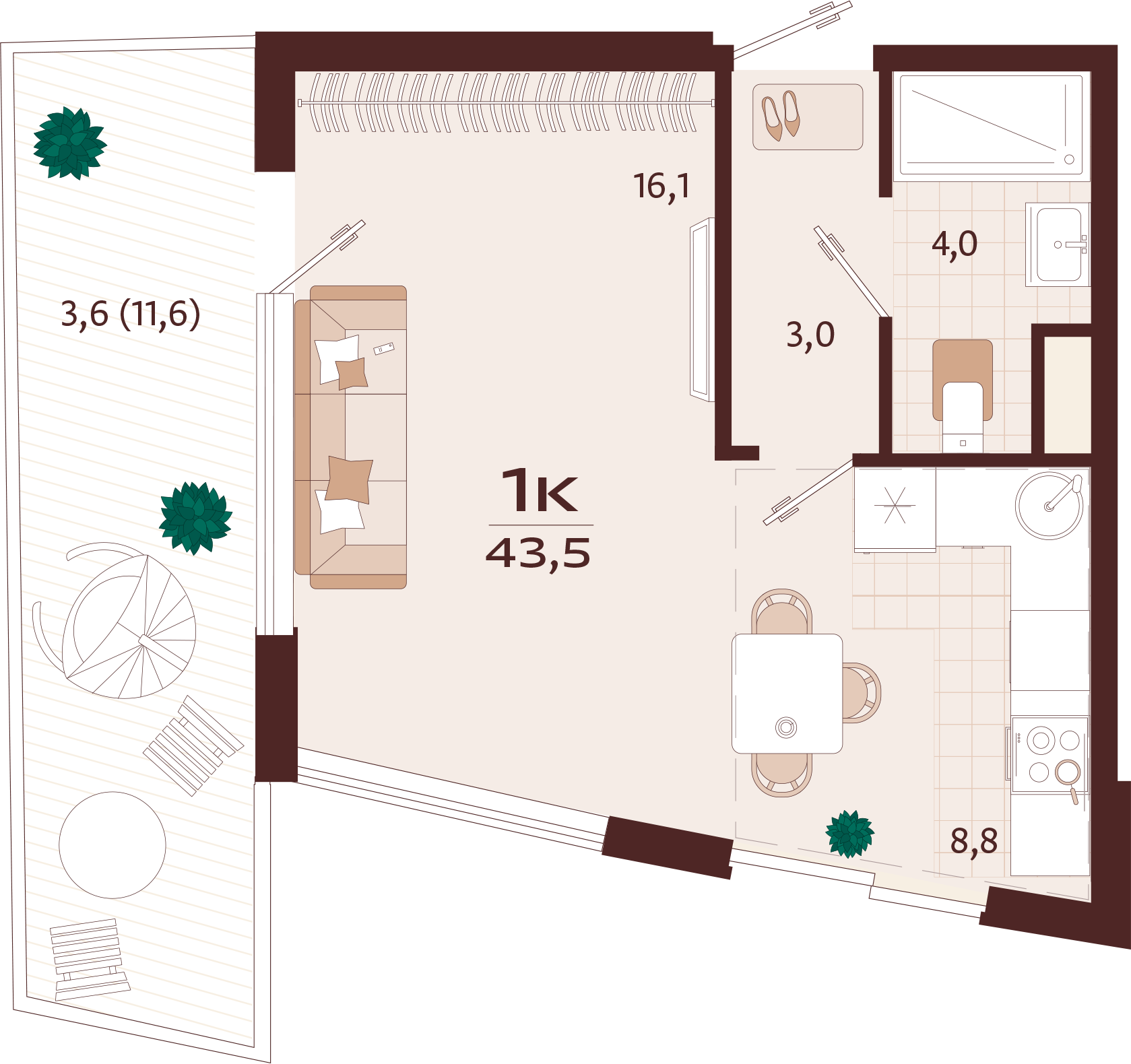 Планировка: 1-комнатная · 43,5 м²