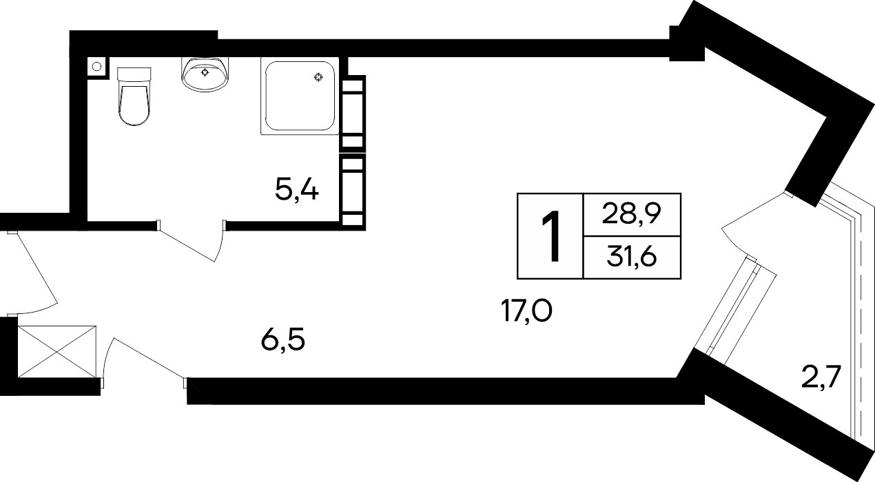 Планировка: 1-комнатная · 31,6 м²