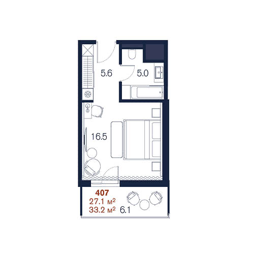 Планировка: Студия · 33,2 м²