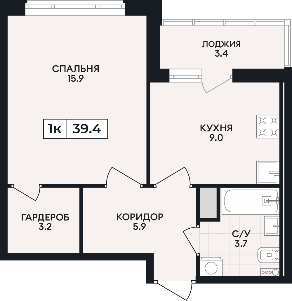 Планировка: 1-комнатная · 39,4 м²