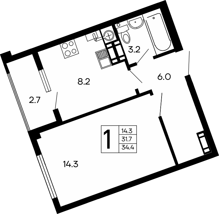 Планировка: 1-комнатная · 34,4 м²